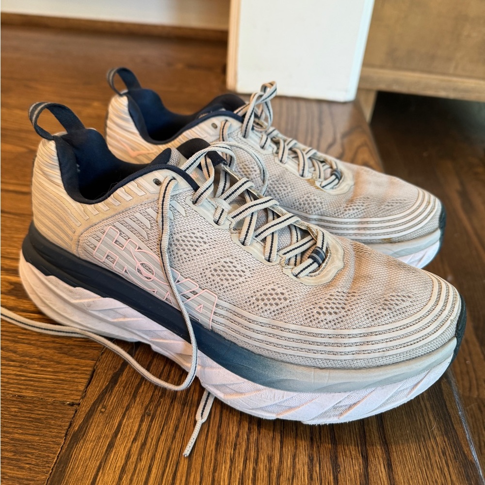 Hoka One One Bondi 6 Running Shoes Womens 7.5/8 Lt Gray Navy Pink CLEANED!!